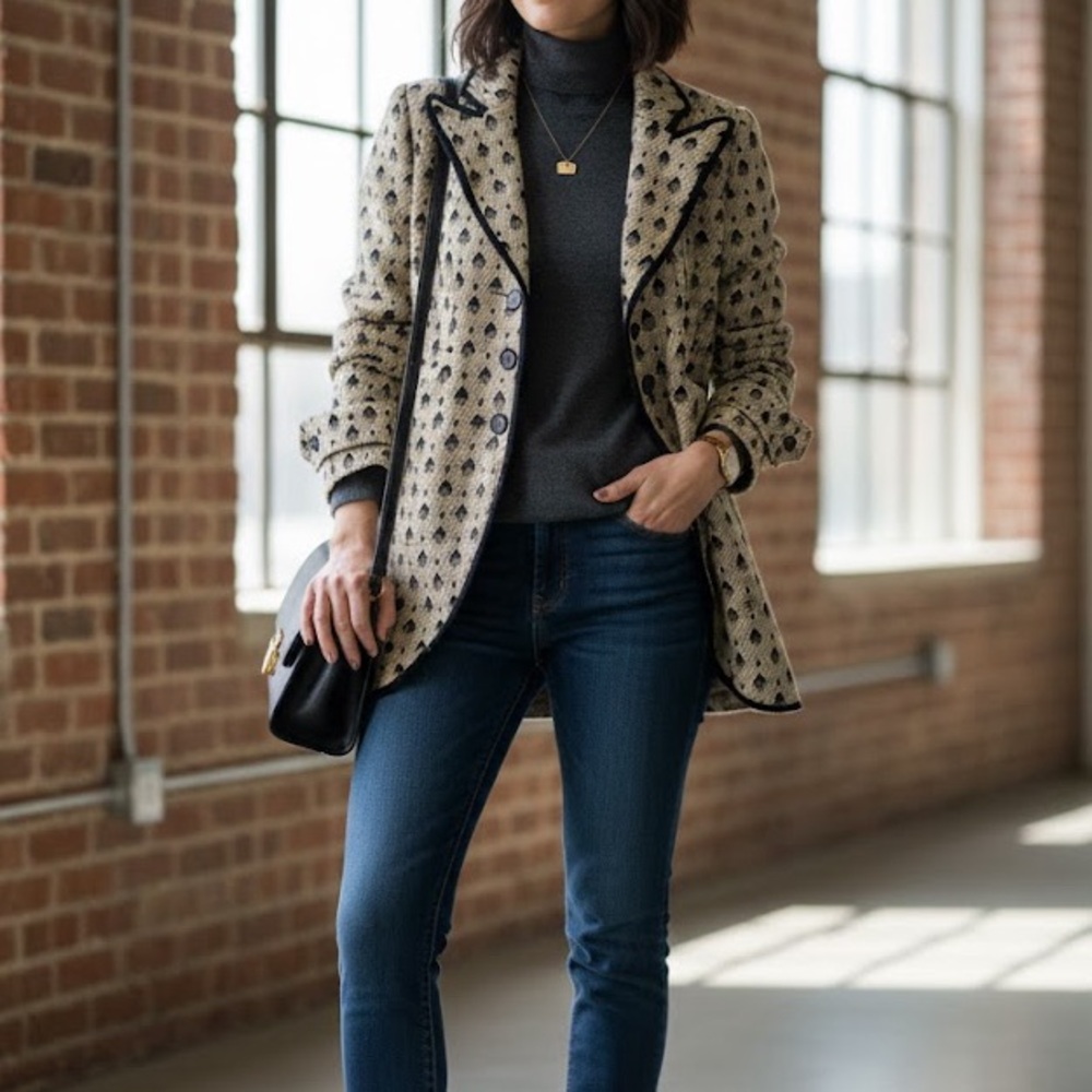 VIRTUE Size 4 Stylish Patterned Beige Blazer with Black Trim button-Front